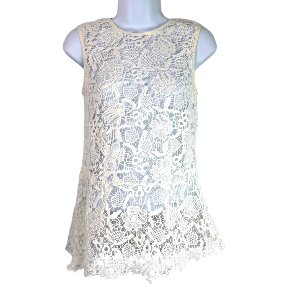 Sheer Floral Lace Crochet Top Sz S Ivory Sleeveless Boho Chic Cottage Country - Picture 2 of 9